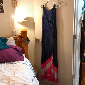 Wrap front navy, pink & grey jersey knit maxi dress with elastic waistband